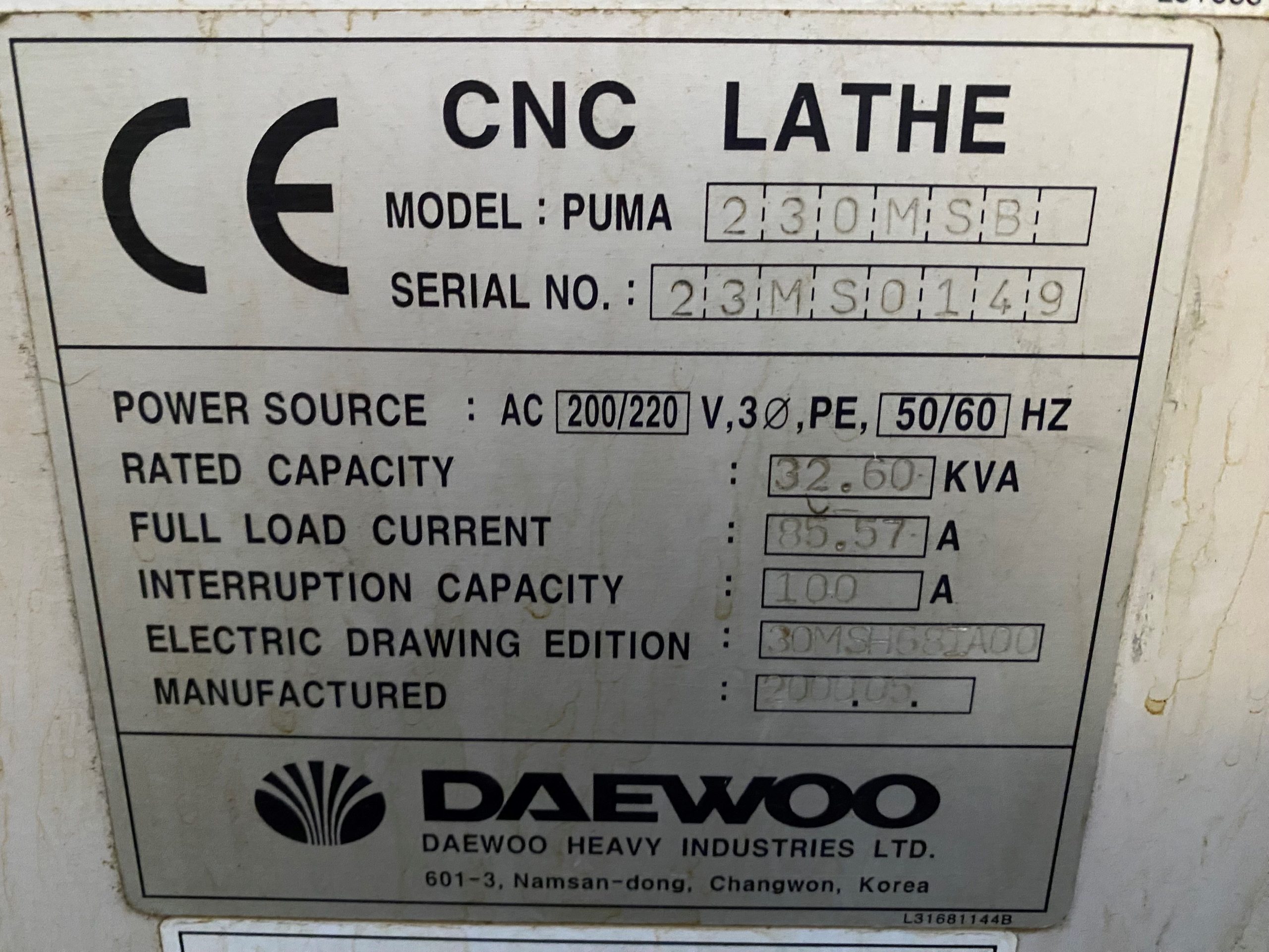 Tornio a controllo numerico DAEWOO PUMA 230 MSB
